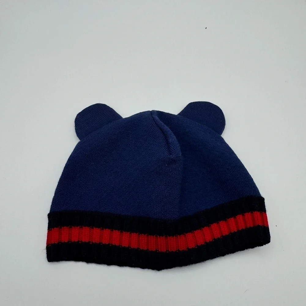 Gucci Baby Navy Beanie with Red Stripe and Ear Details Wool